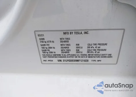 2021 Tesla Model Y Standard Range Rear-Wheel Drive из США, поврежденный, VIN 5YJYGDED9MF121828